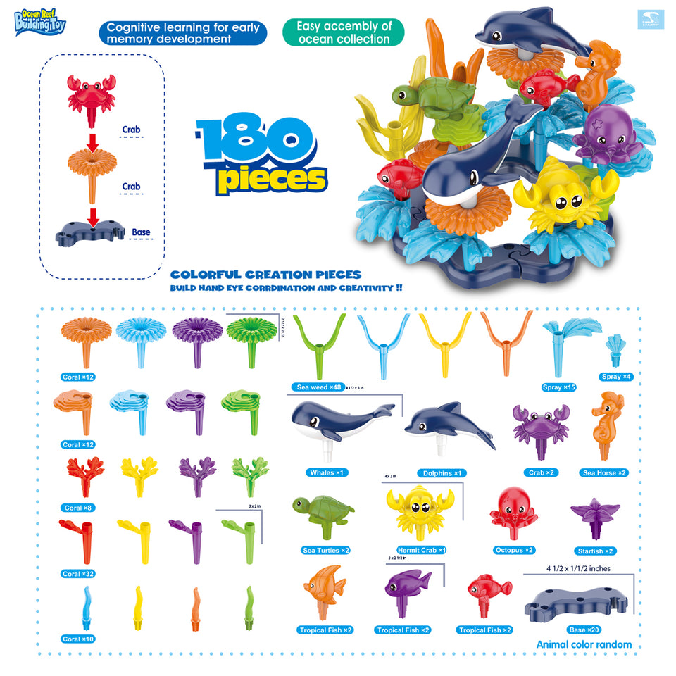 KC Republic Ocean Reef Building Toy Set for Kids and Toddlers Age 3, 4, 5, 6 Year Old Girls  and Boys Stacking Building Toy STEM (180 pcs)