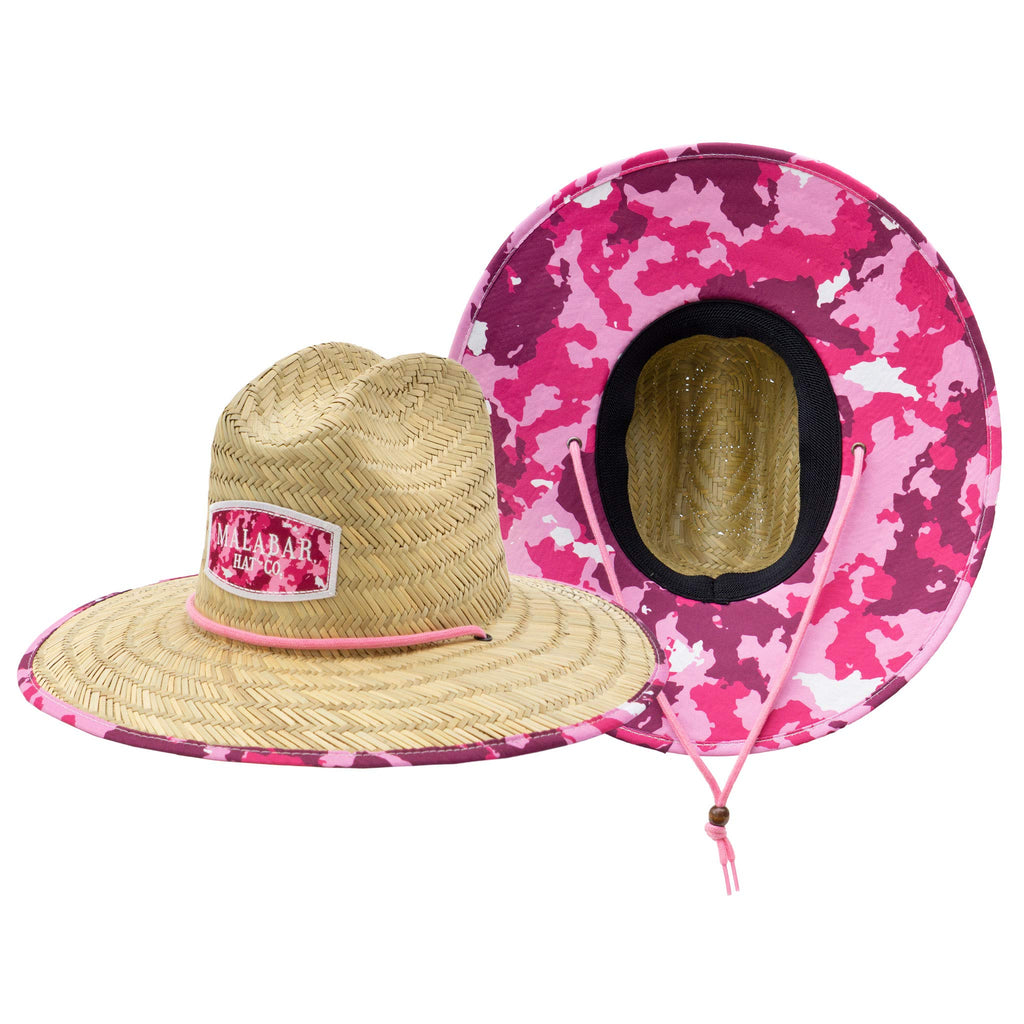 Camo Pink Fabric Pattern Print Straw Sunhat Men & Women, Lifeguard