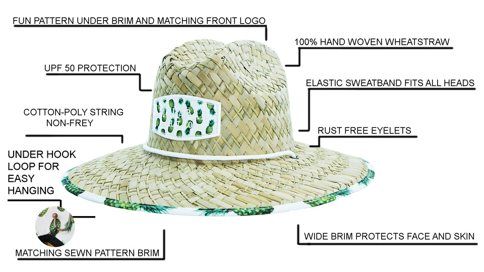 Pineapple Fabric Pattern Print Straw Sunhat Men & Women, Lifeguard Hat, Beach, Swim, Cruise, Paddle Board, Boat, Fishing, Fits All, Malabar Hat
