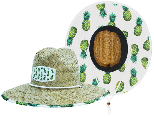 Pineapple Fabric Pattern Print Straw Sunhat Men & Women, Lifeguard Hat, Beach, Swim, Cruise, Paddle Board, Boat, Fishing, Fits All, Malabar Hat