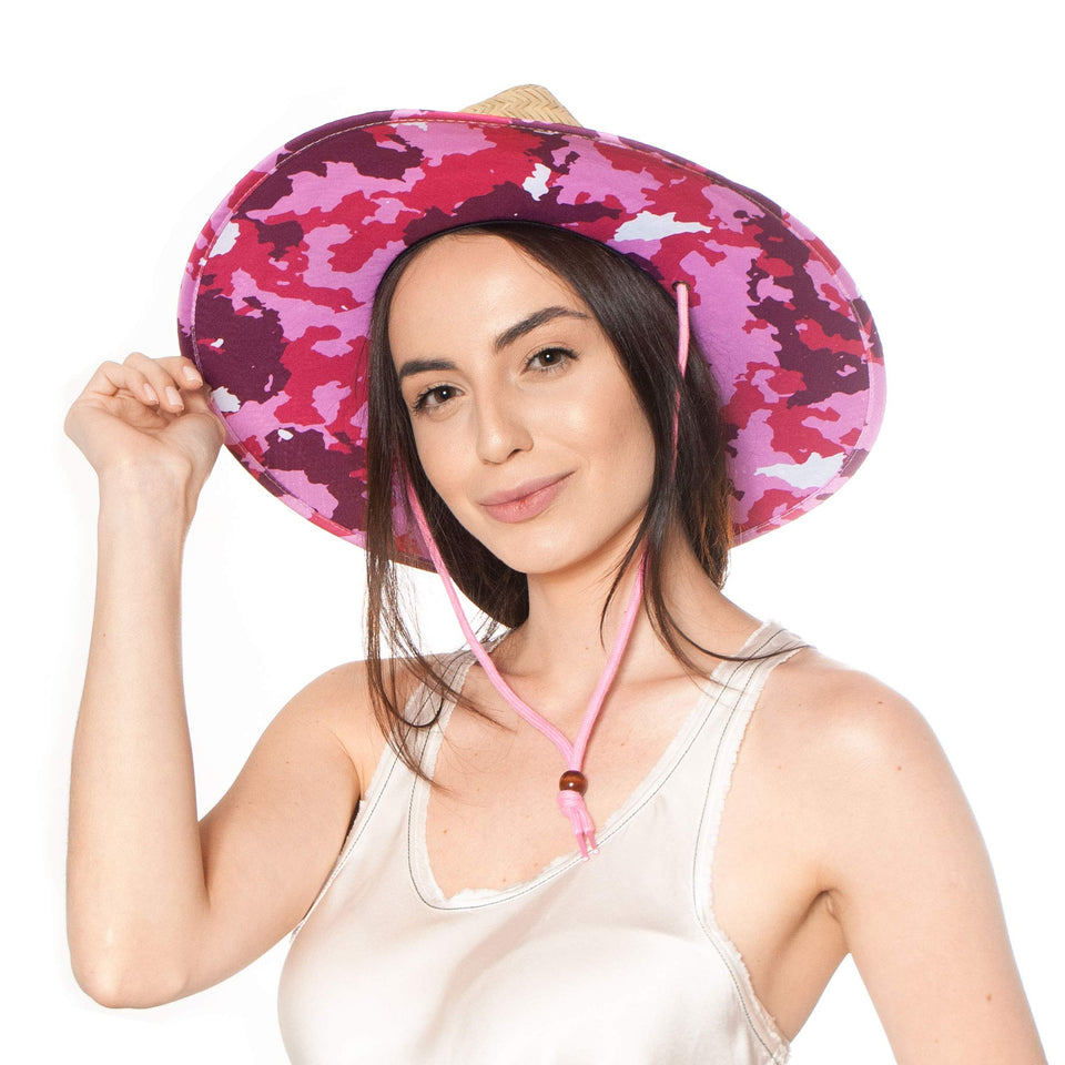 Camo Pink Fabric Pattern Print Straw Sunhat Men & Women, Lifeguard Hat, Beach, Swim, Cruise, Paddle Board, Boat, Fishing, Fits All, Malabar Hat