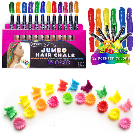 Kids Hair Chalk - JUMBO HAIR CHALK PENS - RAINBOW - Washable Hair Color Safe For Kids And Teen - 200% MORE COLOR PER PEN - SCENTED - For Party, Girls Gift, Kids Toy, Birthday Gift For Girls, 12 Colors
