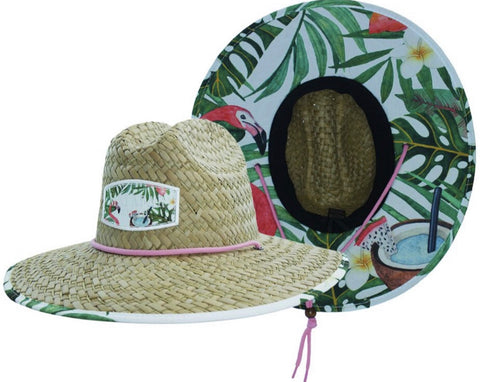 Flamingo Fabric Pattern Print Straw Sunhat Men & Women, Lifeguard Hat, Beach, Swim, Cruise, Paddle Board, Boat, Fishing, Fits All, Malabar Hat