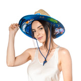 Fish Shoaling Under Water Scene Fabric Pattern Print Straw Sunhat Men & Women, Lifeguard Hat, Beach, Swim, Cruise, Paddle Board, Boat, Fishing, Fits All, Malabar Hat